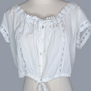 Angel Kiss White Eyelet Lace Gauze Crop Top Boho Button Front Cap Sleeve Large